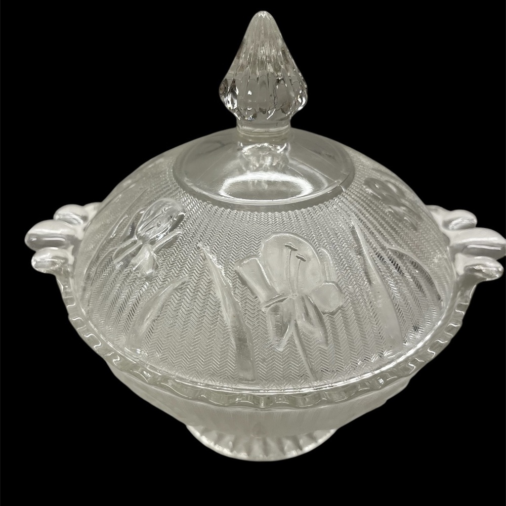 Vintage Jeannette Crystal Iris and Herringbone Footed Candy Dish With Lid